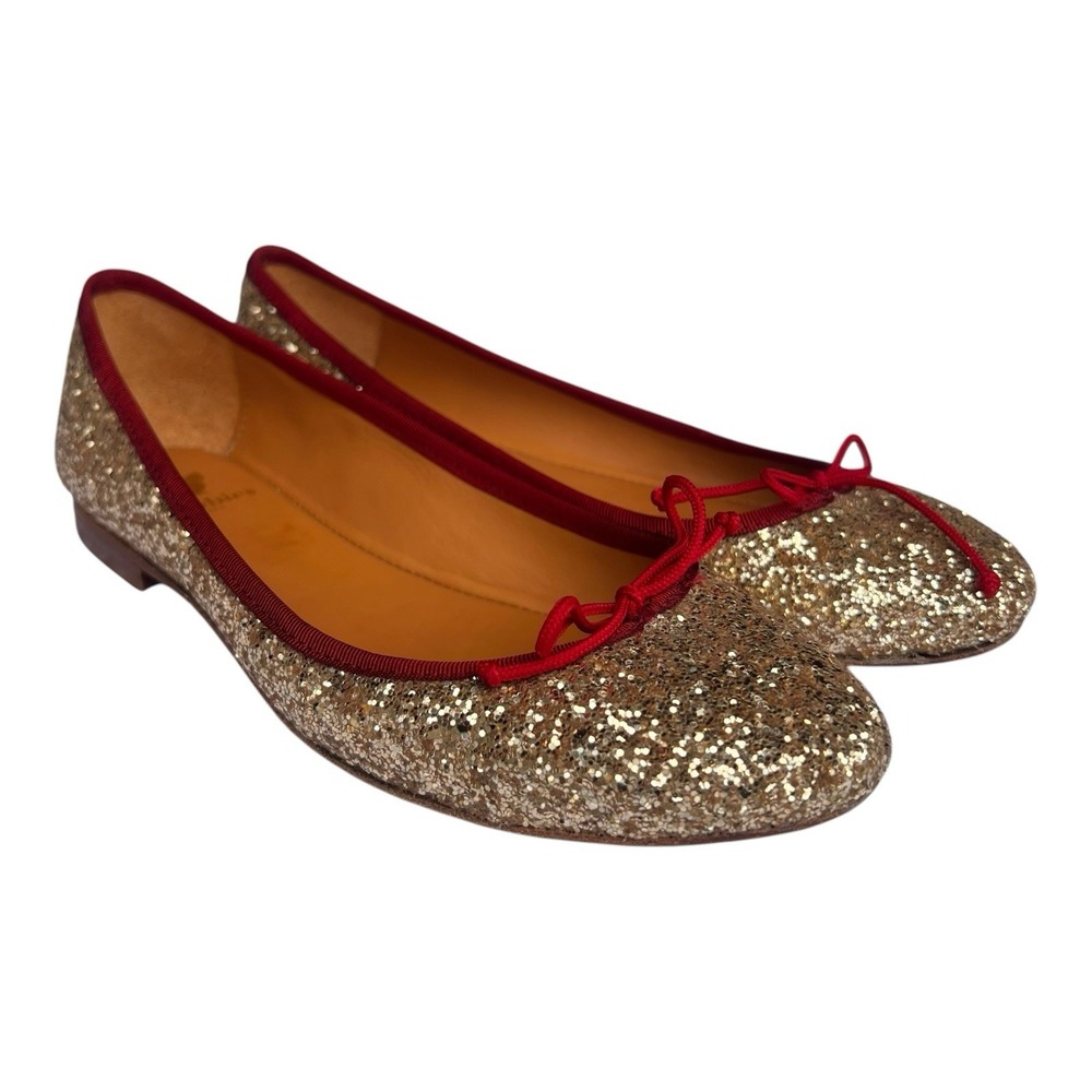 Anthropologie BOBBIES Golden Glitter Slip On Bow Ballet Flats 39 US size 8.5